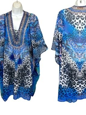 NWT True Colours by La Moda Blue Cat Maxi Swim Cover Up Caftan